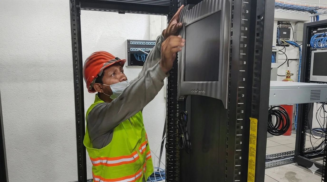 Técnico de TECYPE instalando infraestructura en un rack de comunicaciones